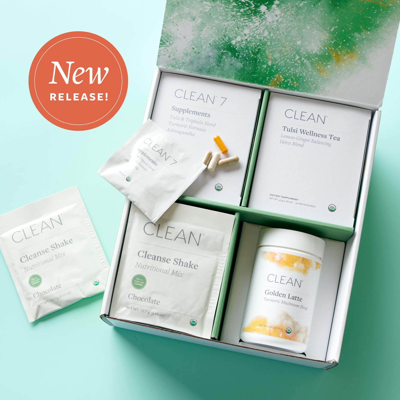 Clean 7 detox kit including wellness tea, supplements, cleanse shake mix, and latte powder. detox body cleaner