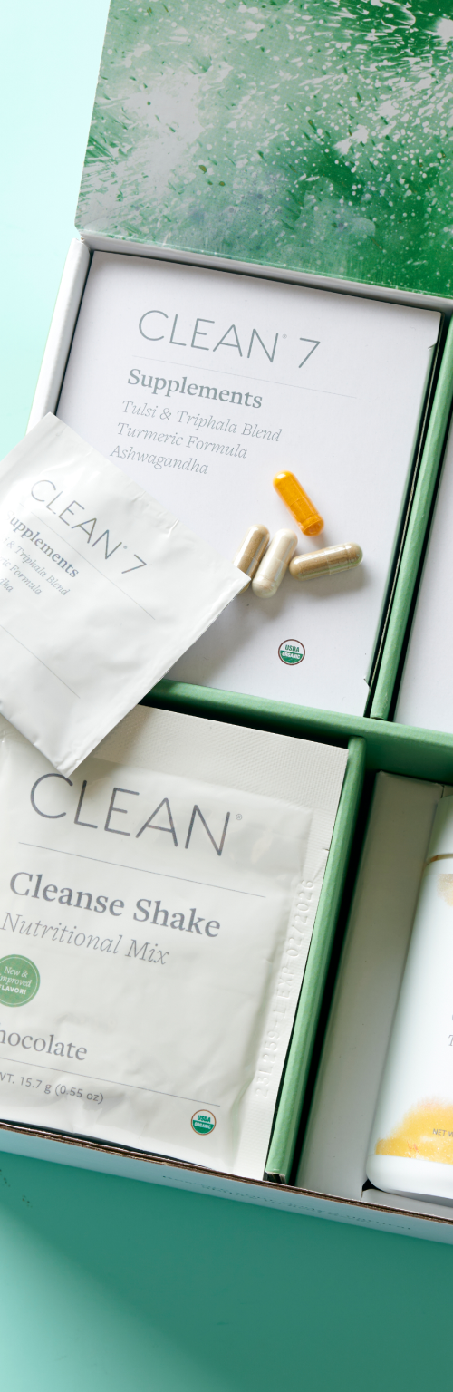 Clean 7 detox kit including wellness tea, supplements, cleanse shake mix, and latte powder. detox body cleaner