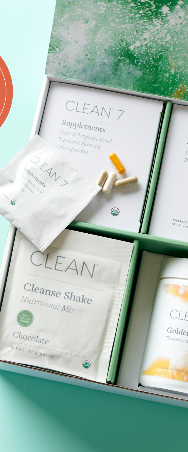 Clean 7 detox kit including wellness tea, supplements, cleanse shake mix, and latte powder. detox body cleaner