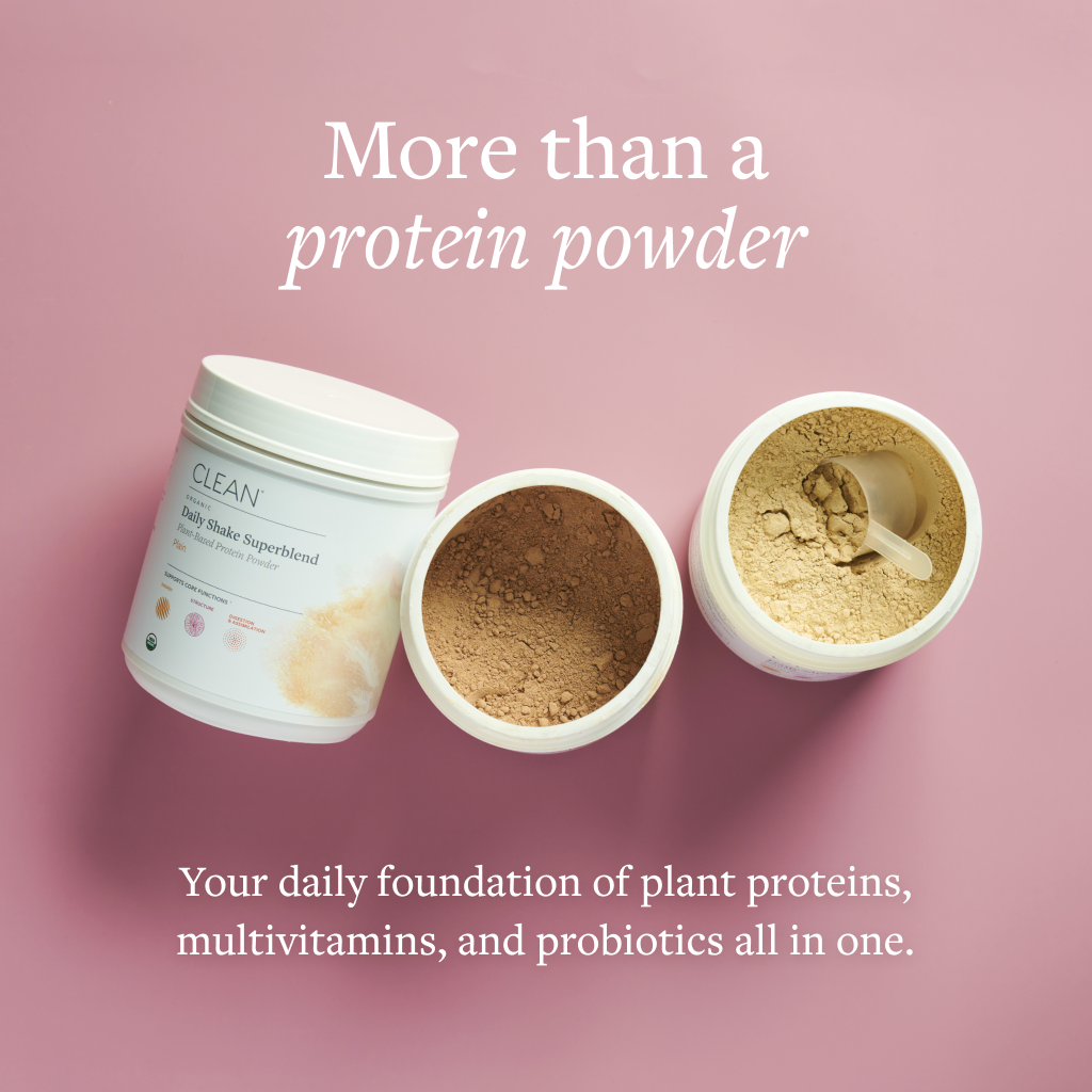 A closed container with 2 open containers of Daily Shake Superblend.