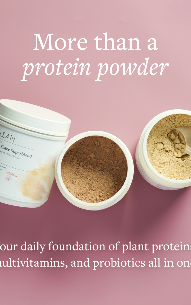 A closed container with 2 open containers of Daily Shake Superblend.