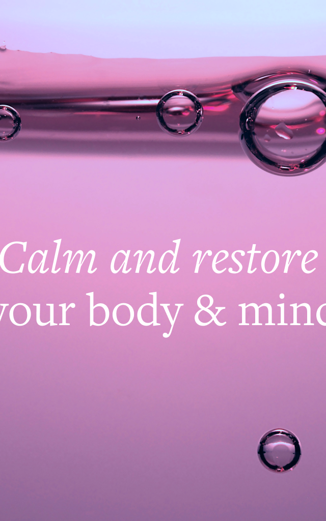 Purple bubble background with text: Calm and restore your body & mind.