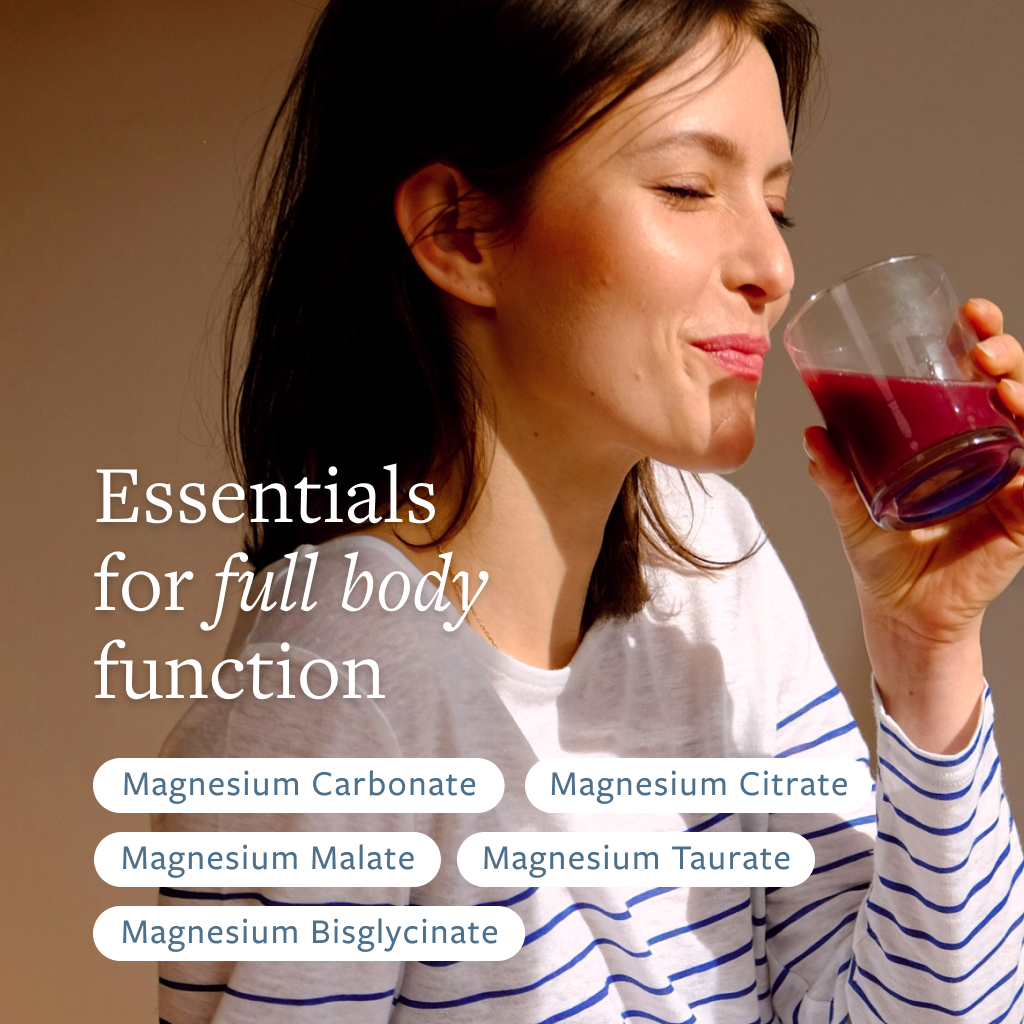 A woman drinking a glass of Total Magnesium with text: Essentials for full body function.