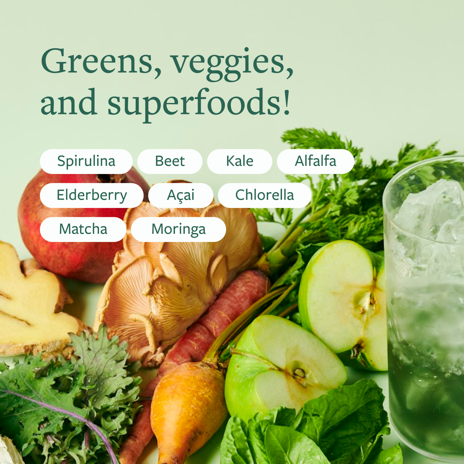 Collection of fruits, veggies, and ice water. Greens, veggies, and superfoods!
