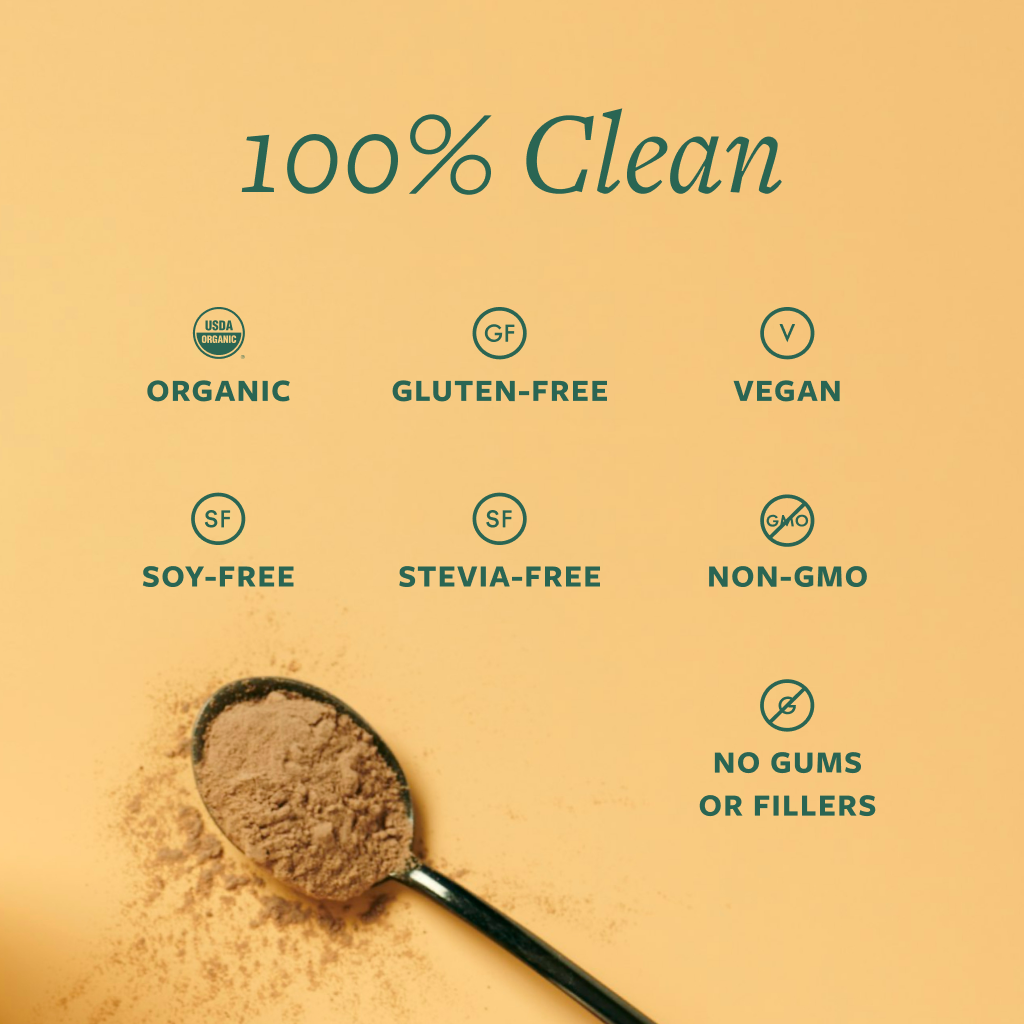Peach background with spoonful of Daily Shake Powder and green text: "100% Clean: Organic, Gluten-Free, Vegan, Soy-Free, Stevia-Free, Non-GMO, No Gums or Fillers."
