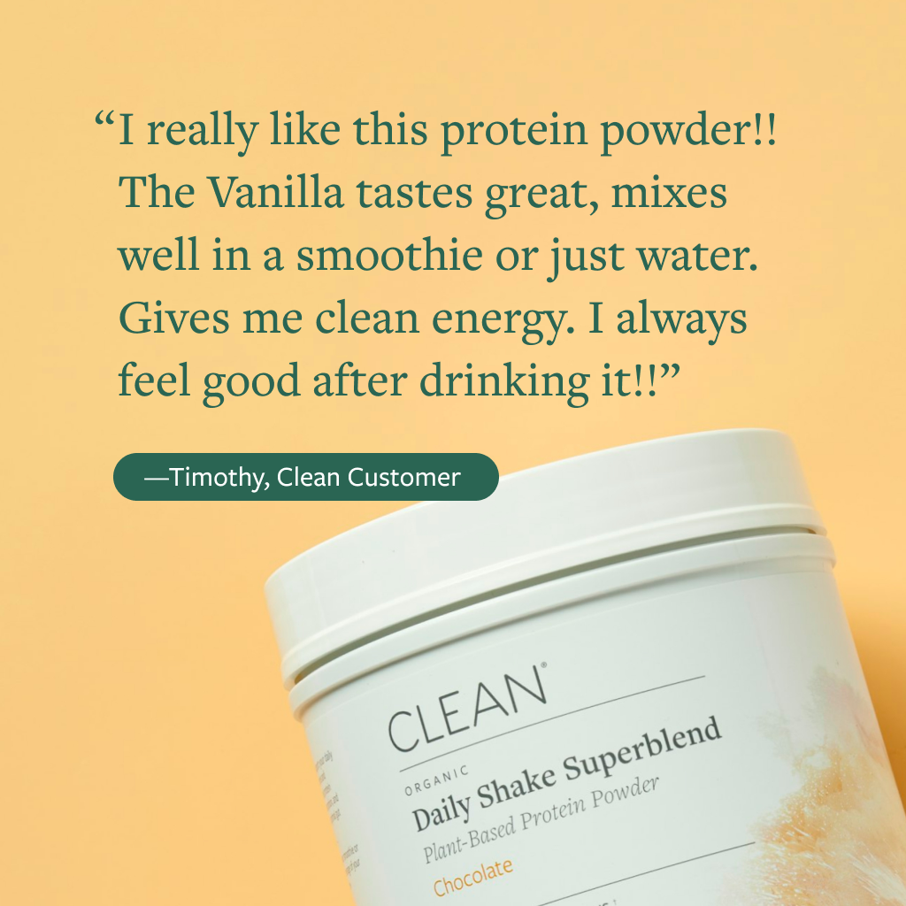 Peach Background with green text customer review quote above a container of Daily Shake Superblend.