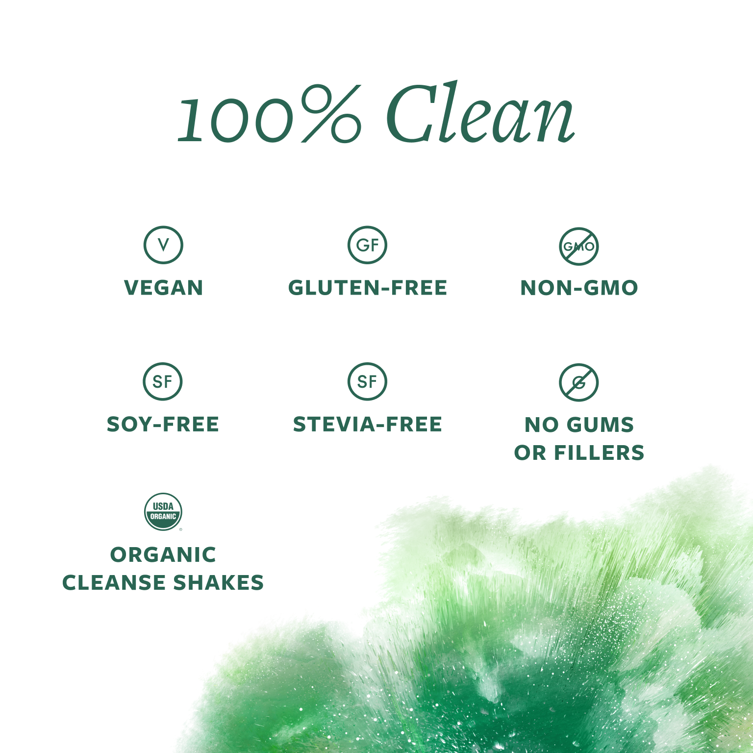 White background with green leaves and green text: 100% Clean: Vegan, Gluten-Free, Non-GMO, Soy-Free, Stevia-Free, No Gums or Fillers, Organic Cleanse Shakes."