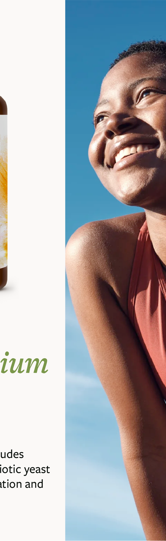 Split screen: bottle of Clean Biome Supplement and woman exercising outside in the sun.