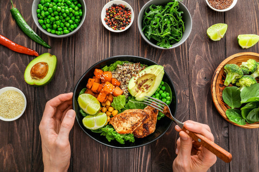 Healthy food bowl and someone eating