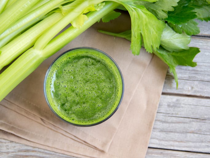 Pictures of celery stocks next to a glass of celery juice