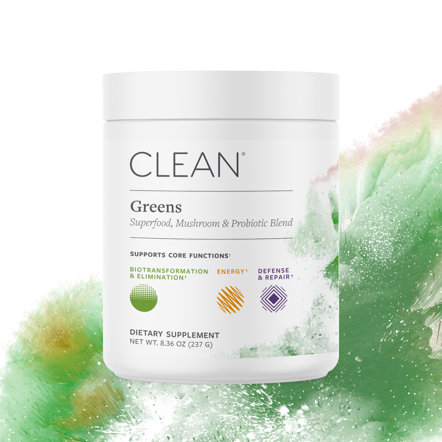 Clean Greens Superfood Powder tub.