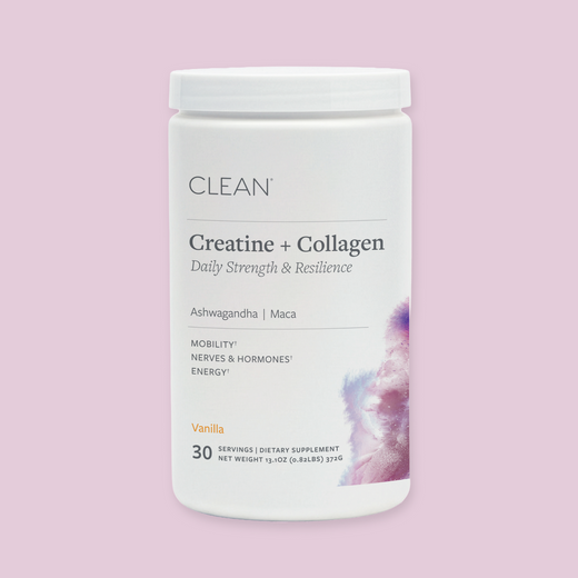 Supplement container labeled 'Clean Creatine + Collagen' on a pink background