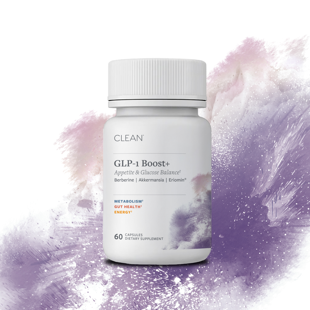Supplement bottle labeled 'GLP-1 Boost+' on a white background with purple abstract design
