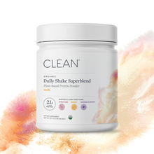 Protein powder container labeled 'Clean' on a white background with abstract colorful design.