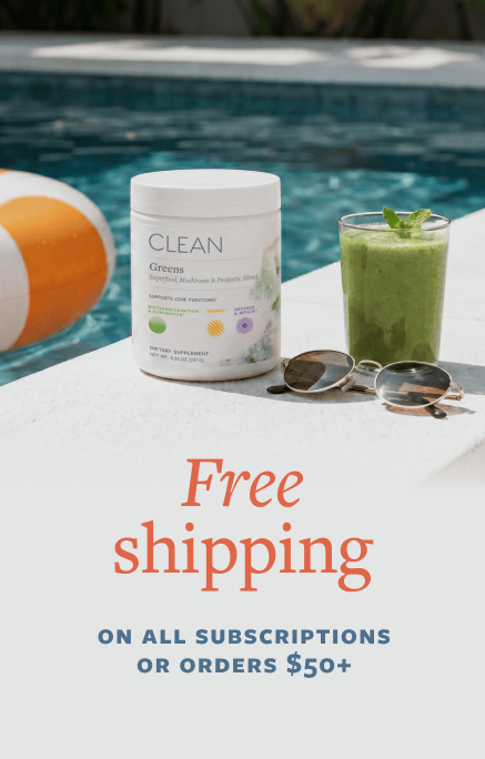 Product with a smoothie and sunglasses by a pool, promoting free shipping on subscriptions or orders.