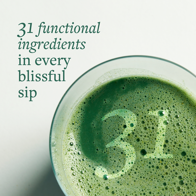 31 Functional Ingredients in every blissful sip. Clean Greens shake in a glass.