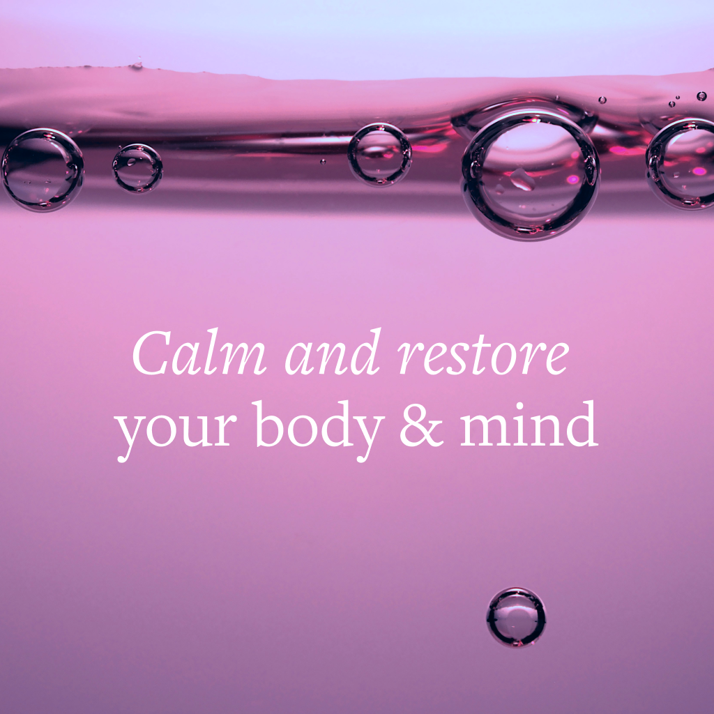 Purple bubble background with text: Calm and restore your body & mind.