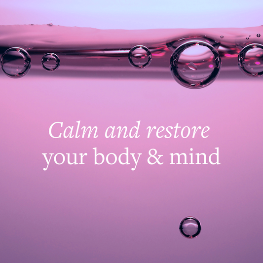 Purple bubble background with text: Calm and restore your body & mind.