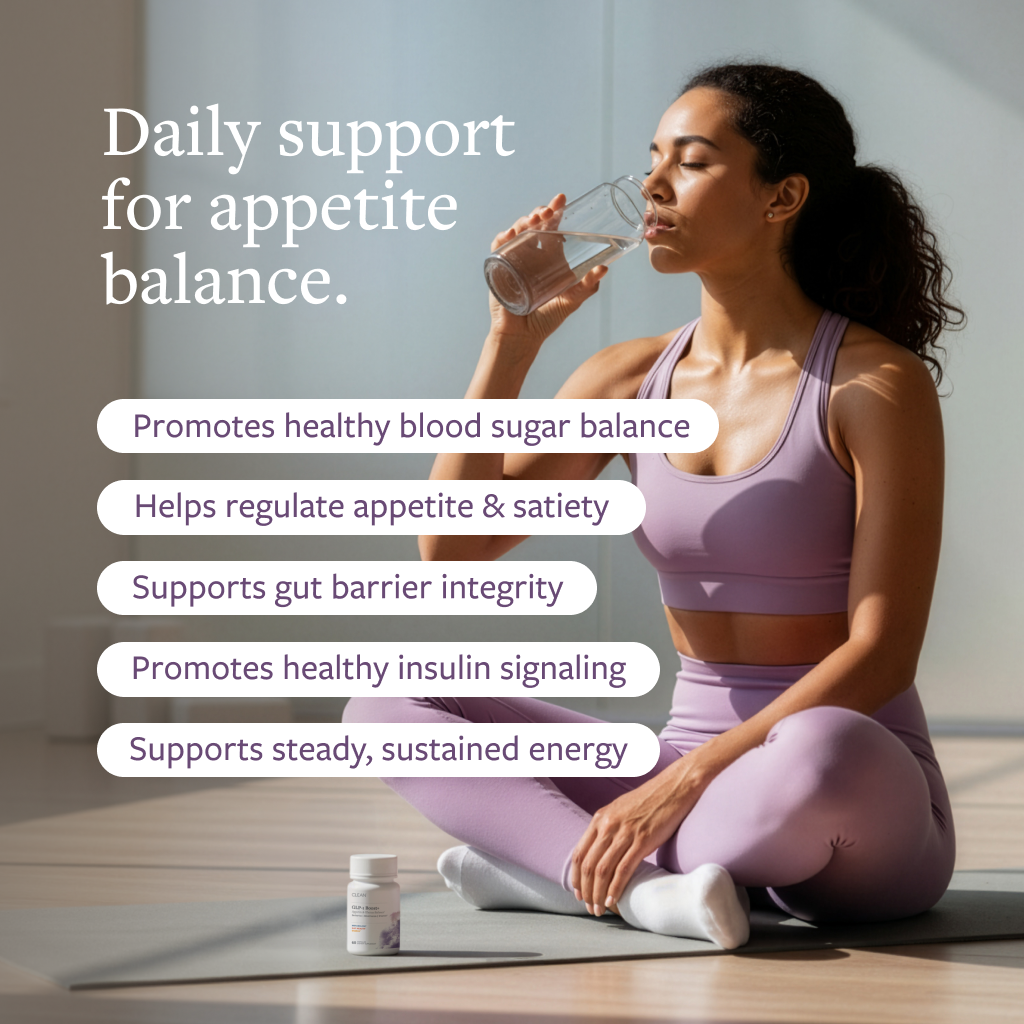 Woman in purple athletic wear sitting on a mat with water and supplements, promoting health benefits.