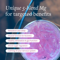 Magnesium blend mixed in a glass with text: Unique 5-blend Mg for targeted benefits.