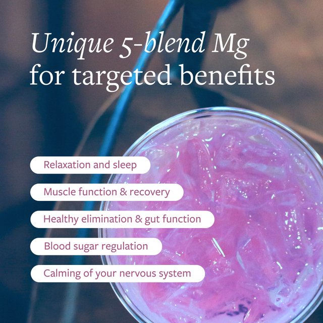 Magnesium blend mixed in a glass with text: Unique 5-blend Mg for targeted benefits.