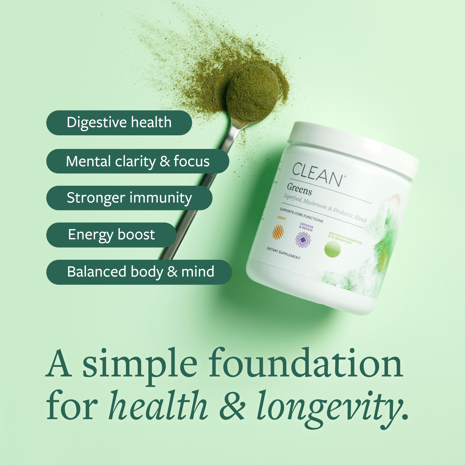 Clean Greens tub and a spoon of greens powder with benefits listed.