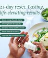 Hand shaking 2 Clean 21 capsules out of a bottle to take before a healthy meal with green text: "21-day reset. Lasting, life-elevating results."