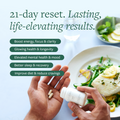Hand shaking 2 Clean 21 capsules out of a bottle to take before a healthy meal with green text: "21-day reset. Lasting, life-elevating results."