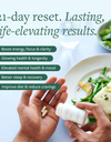 Hand shaking 2 Clean 21 capsules out of a bottle to take before a healthy meal with green text: "21-day reset. Lasting, life-elevating results."