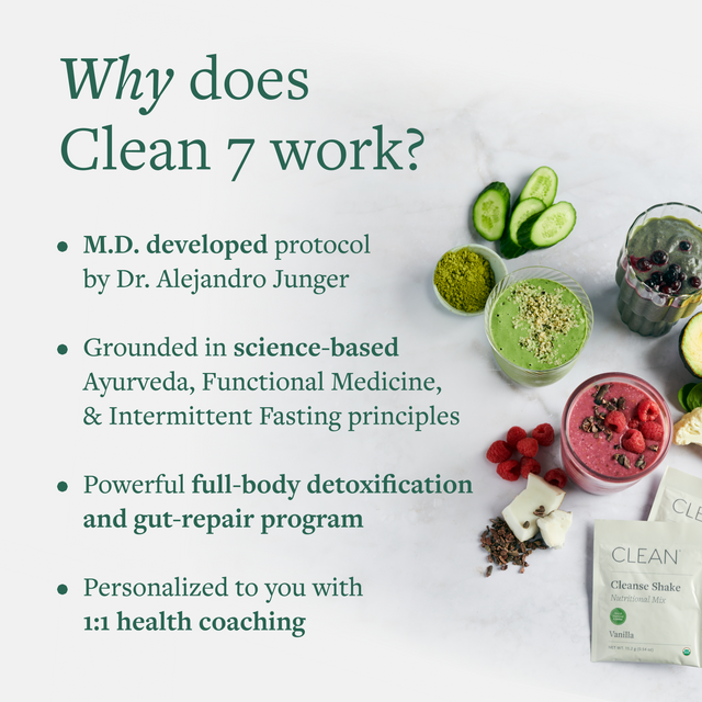Information on why Clean 7 works next to Clean 7 shakes with matcha powder, cucumbers, and berries.