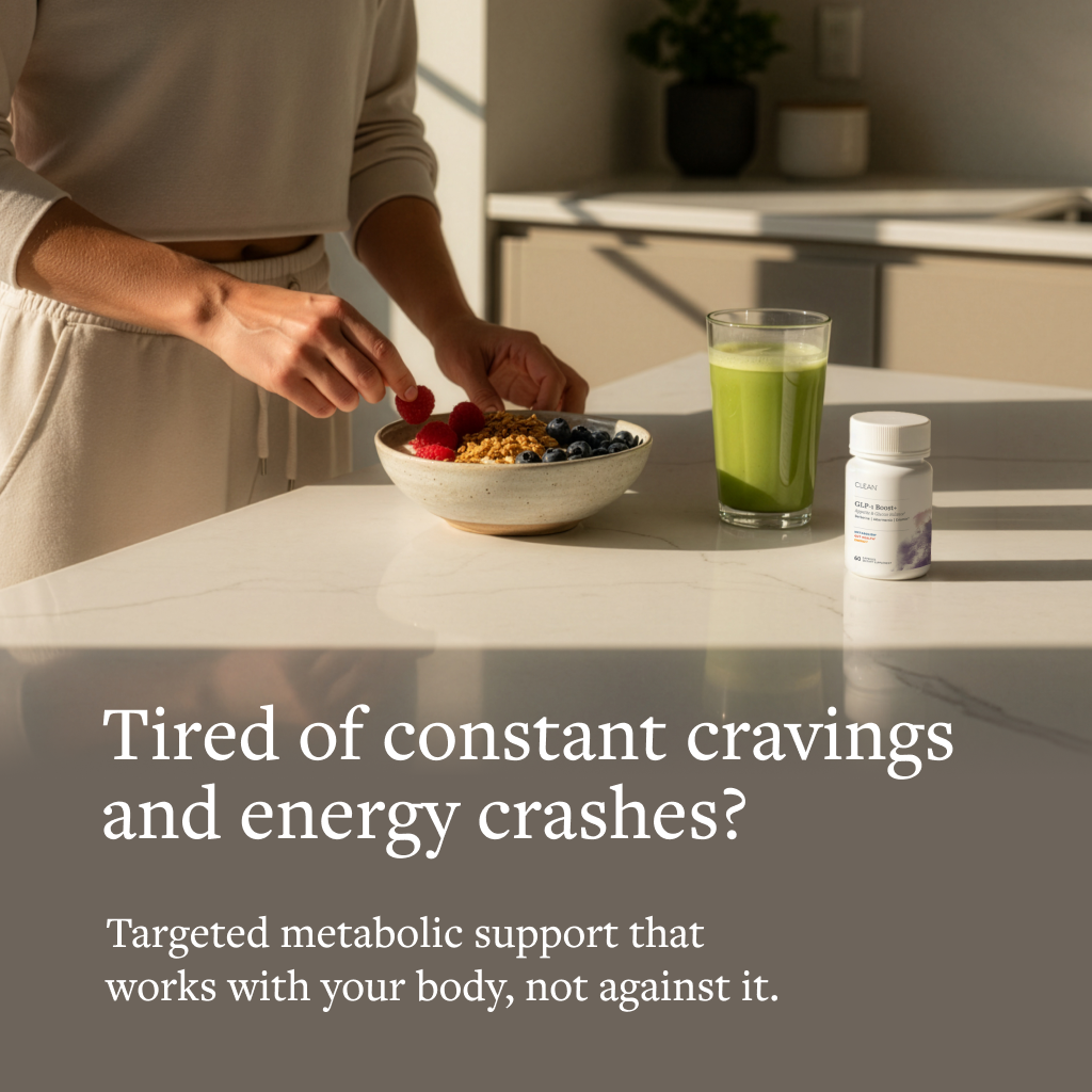 Person preparing a healthy meal with a glass of green juice and supplements on a kitchen counter.
