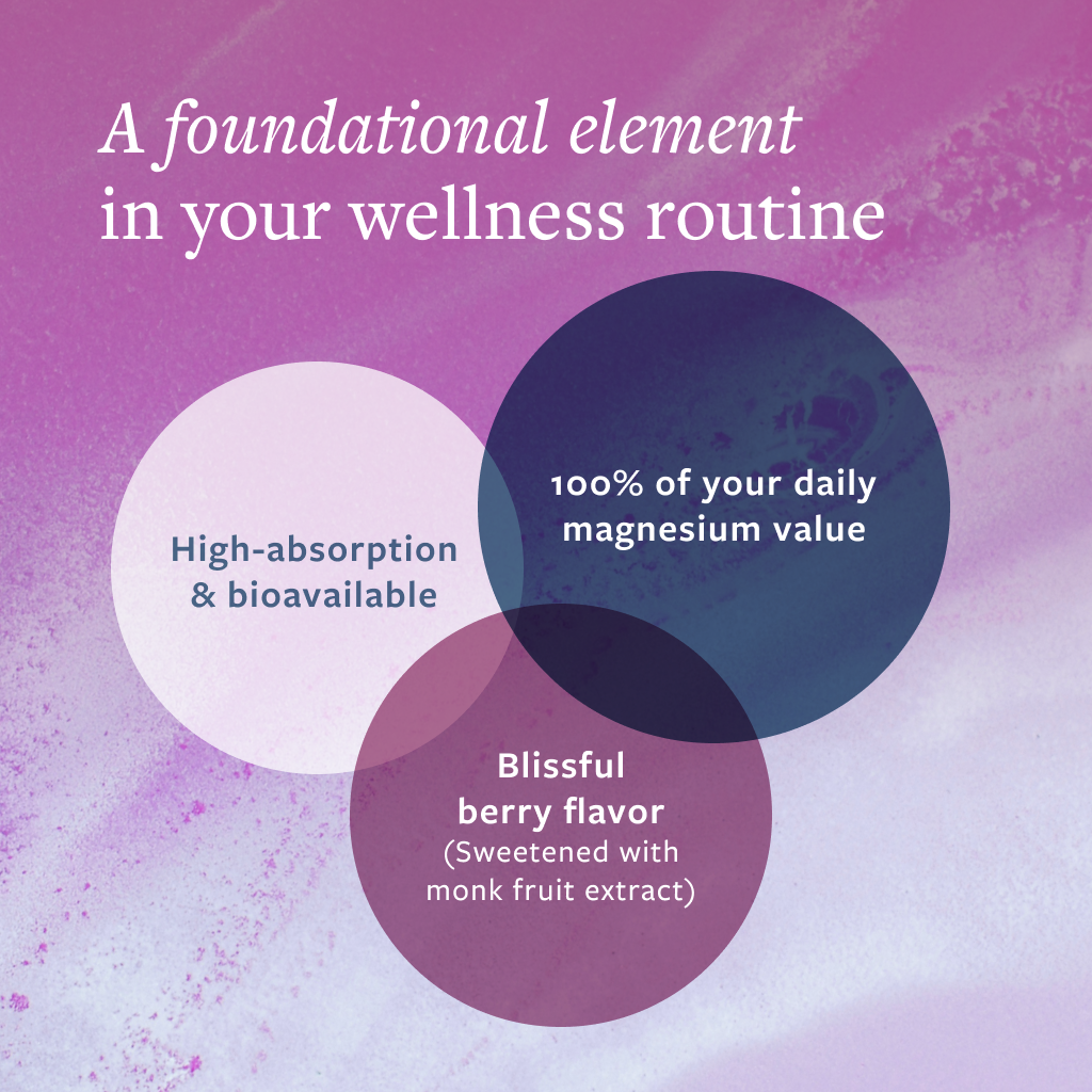Purple gradient background with text: A foundational element in your wellness routine.