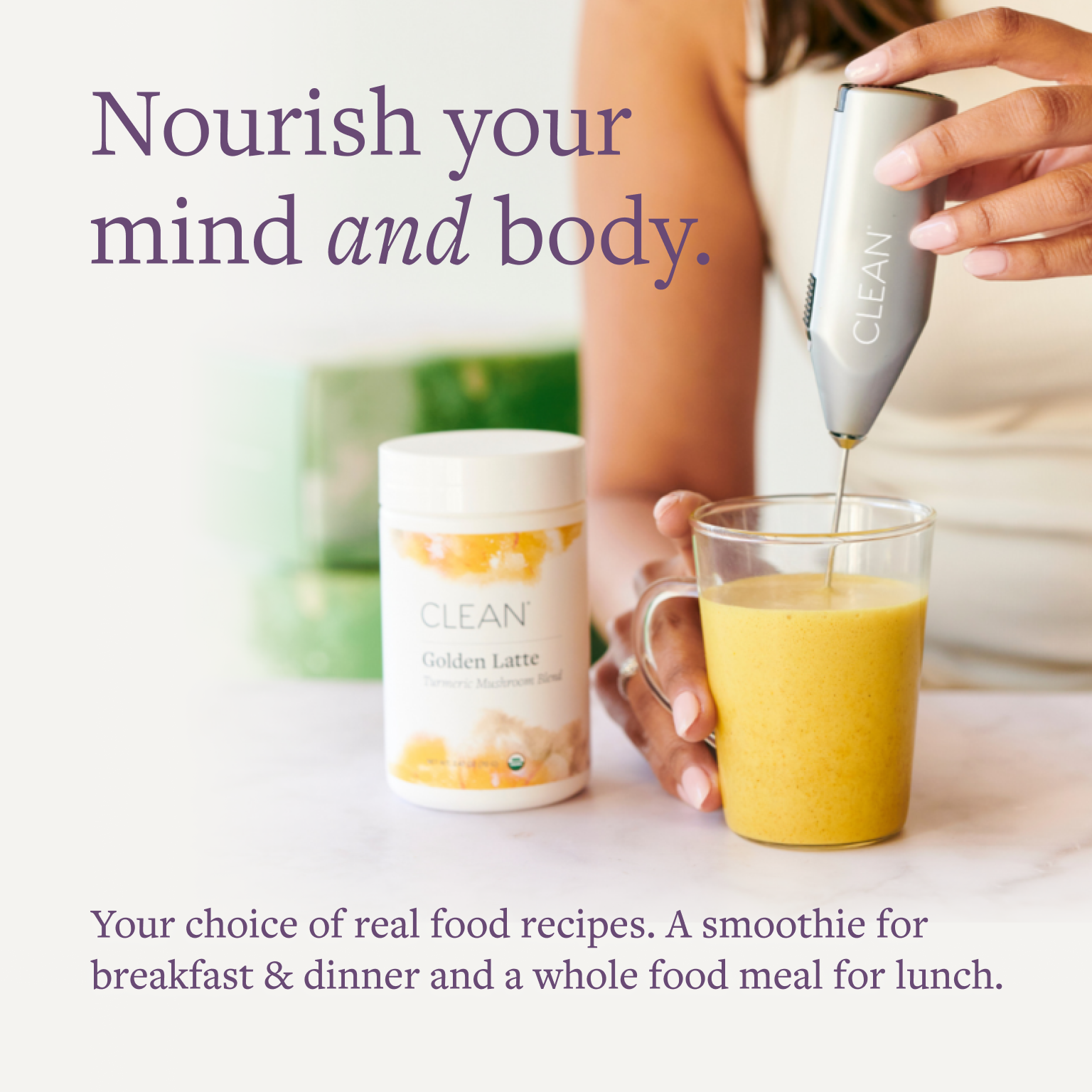 Woman mixes Clean 7 Golden Latte shake. Nourish your body.