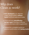 Close up of a woman's stomach with white text overlayed: Why does Clean 21 work?"