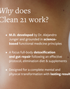 Close up of a woman's stomach with white text overlayed: Why does Clean 21 work?"
