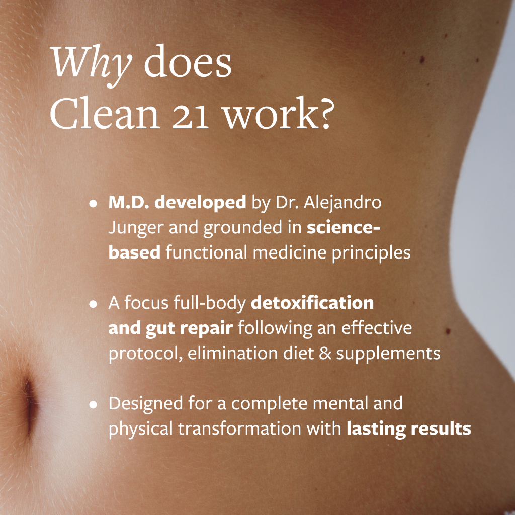 Close up of a woman's stomach with white text overlayed: Why does Clean 21 work?"