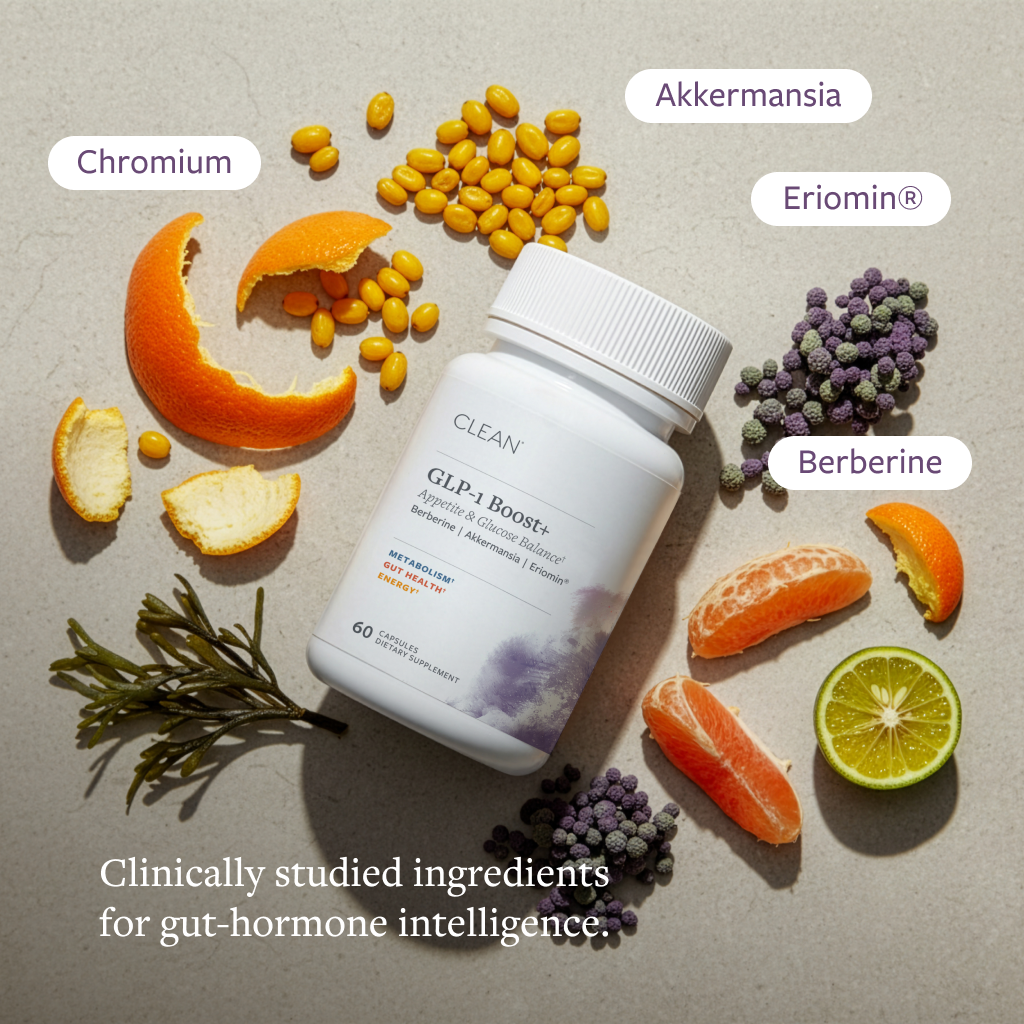 Supplement bottle with clinically studied ingredients for gut-hormone intelligence on a neutral background.