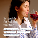 A woman drinking a glass of Total Magnesium with text: Essentials for full body function.