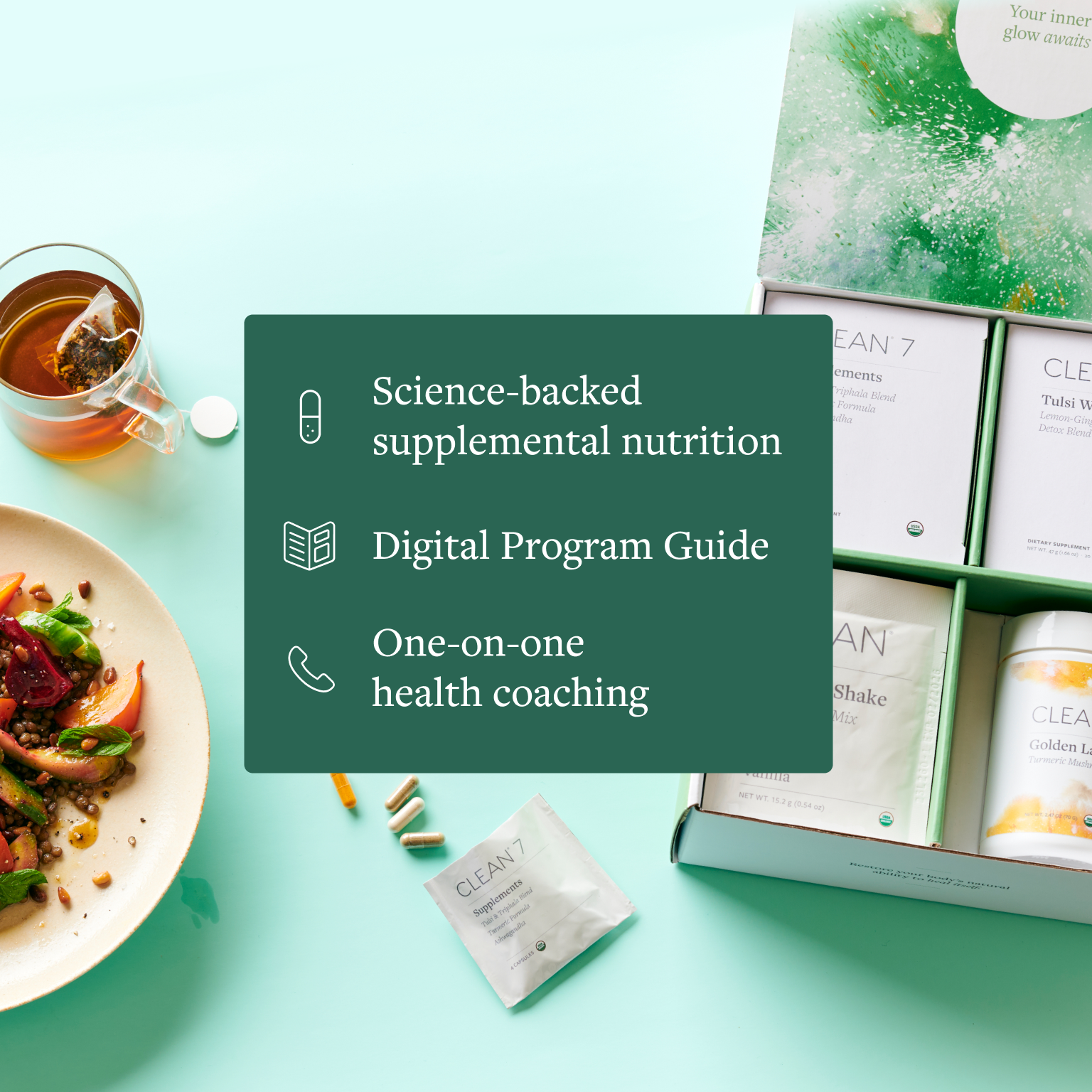 Clean 7 tea and box of other packets. Science backed, Digital Program Guide, One-on-One health coaching.