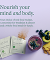Lavender background with clean 21 packets and whole fruits and antioxidants with green text: "Nourish your mind and body."