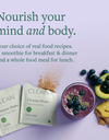 Lavender background with clean 21 packets and whole fruits and antioxidants with green text: "Nourish your mind and body."