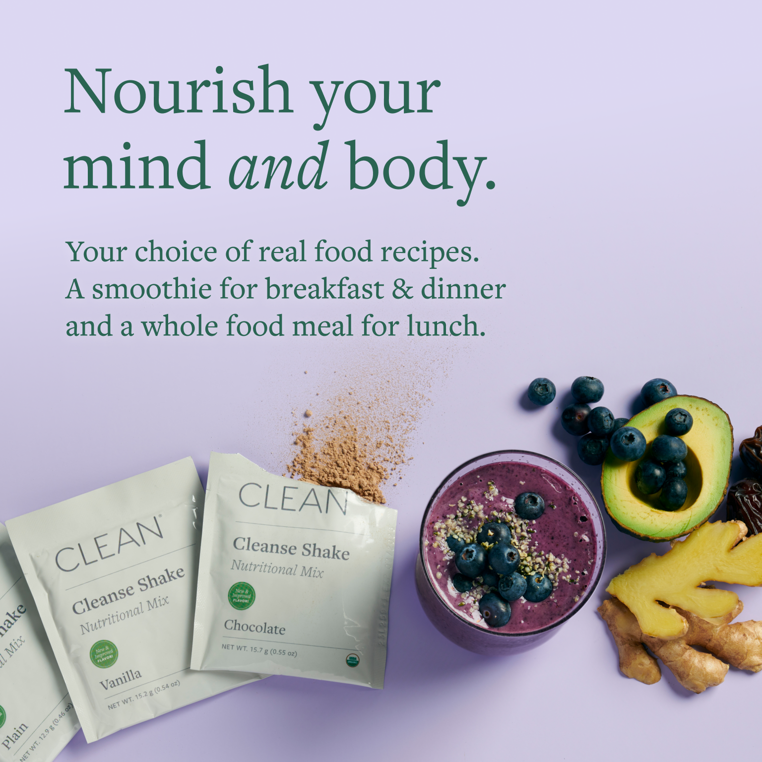 Lavender background with clean 21 packets and whole fruits and antioxidants with green text: "Nourish your mind and body."