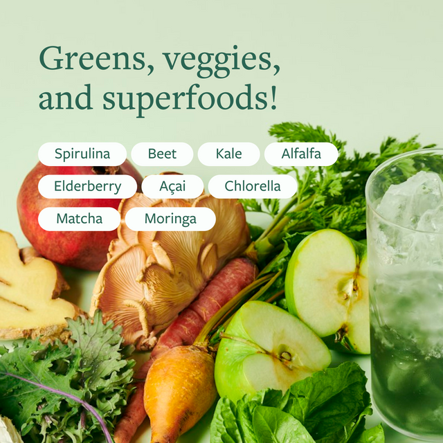 Collection of fruits, veggies, and ice water. Greens, veggies, and superfoods!			