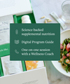 Clean 21 program box with capsule bottles and powder packets with white text in a green box: "Science-backed supplemental nutrition, Digital Program Guide, One-on-one session with a Wellness Coach."