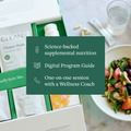 Clean 21 program box with capsule bottles and powder packets with white text in a green box: "Science-backed supplemental nutrition, Digital Program Guide, One-on-one session with a Wellness Coach."