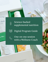 Clean 21 program box with capsule bottles and powder packets with white text in a green box: "Science-backed supplemental nutrition, Digital Program Guide, One-on-one session with a Wellness Coach."