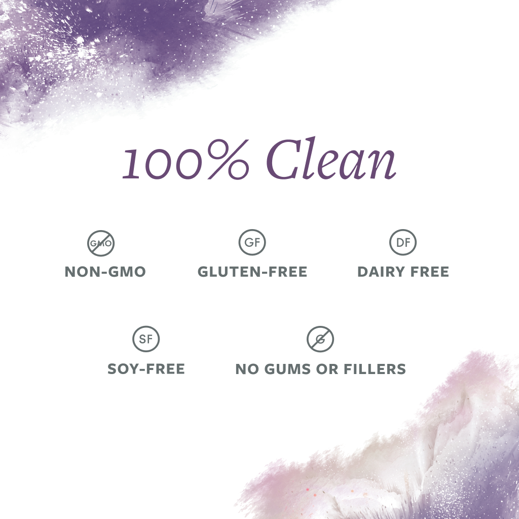Product label with '100% Clean' certification on a white background with purple and pink accents.