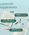 Clean 21 capsules and packets on a blue background with white text: "4 powerful supplements: Glutathione, CoQ10+Magnesium, Milk thistle"