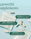 Clean 21 capsules and packets on a blue background with white text: "4 powerful supplements: Glutathione, CoQ10+Magnesium, Milk thistle"