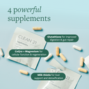 Clean 21 capsules and packets on a blue background with white text: "4 powerful supplements: Glutathione, CoQ10+Magnesium, Milk thistle"